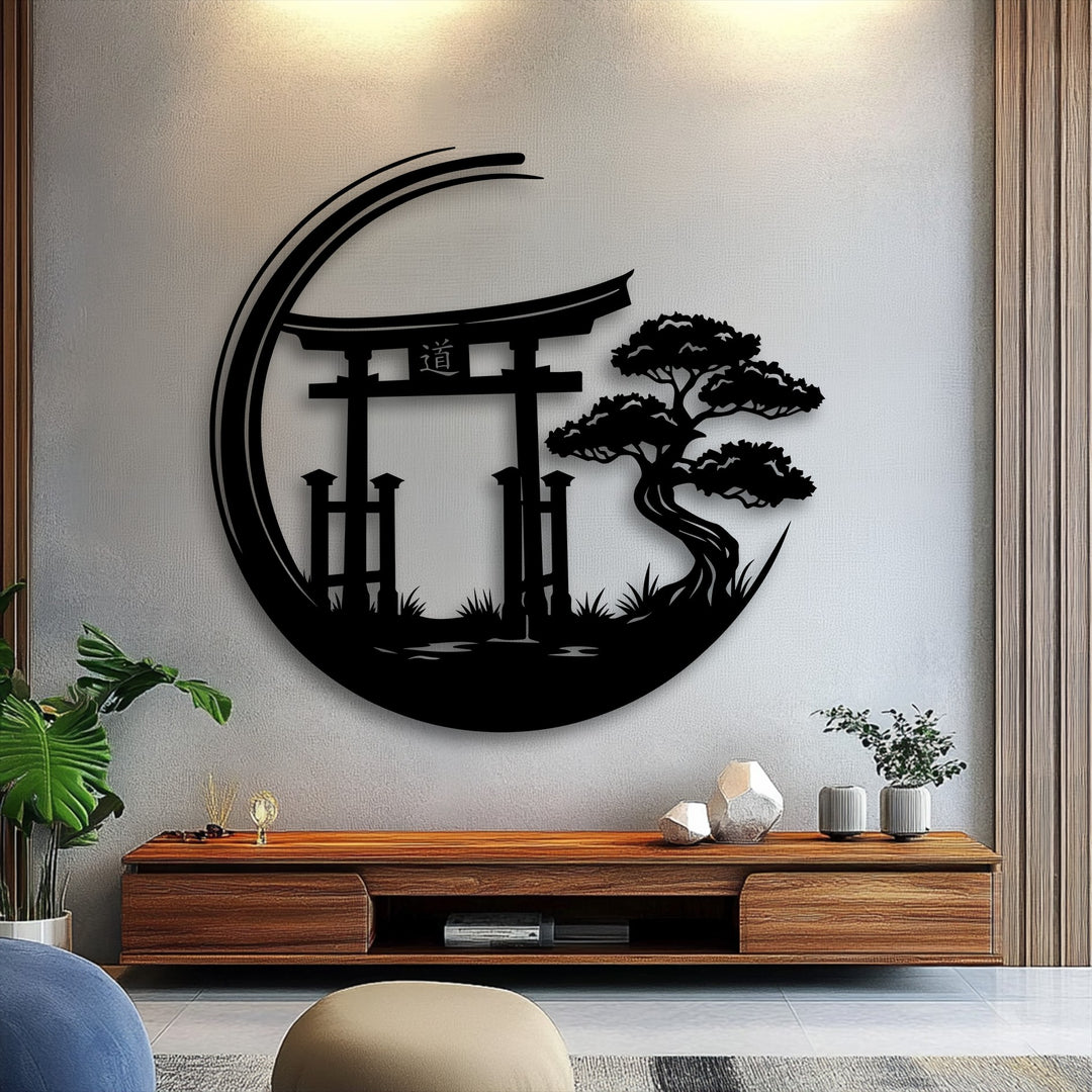 Subtle lighting accentuates the deep shadows cast by the black Zen Garden Torii Gate, creating captivating decorative metal art on a textured wall.