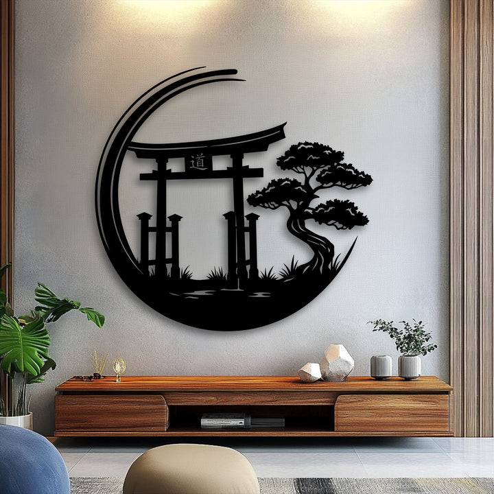 Subtle lighting accentuates the deep shadows cast by the black Zen Garden Torii Gate, creating captivating decorative metal art on a textured wall.