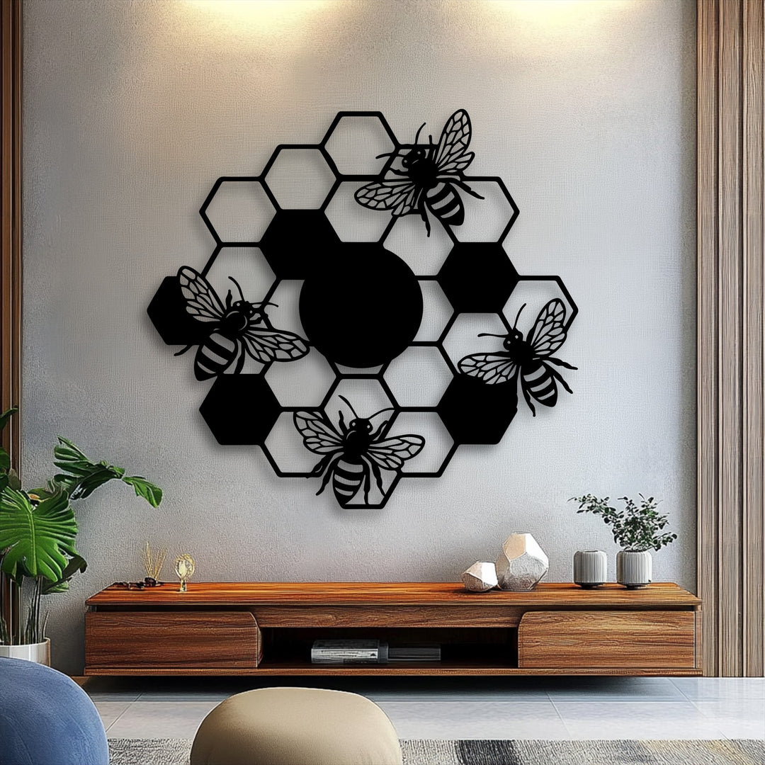 The distinct layering of the black honeycomb bees metal artwork creates a captivating depth in this nature-inspired metal wall art.