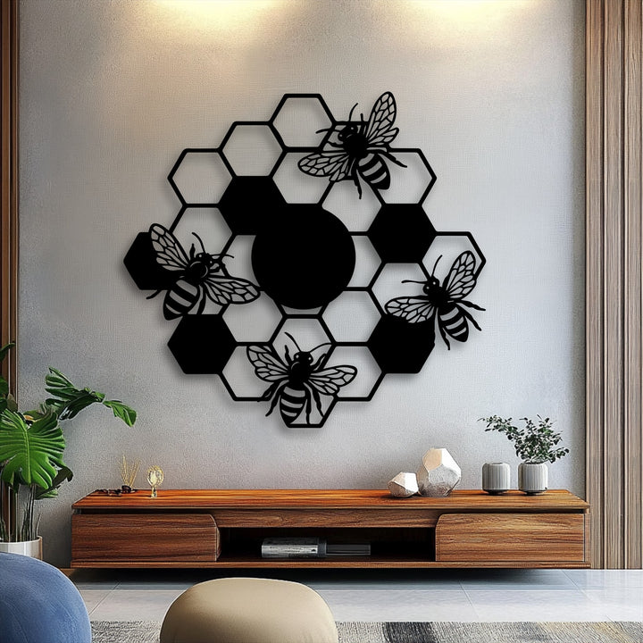 The distinct layering of the black honeycomb bees metal artwork creates a captivating depth in this nature-inspired metal wall art.