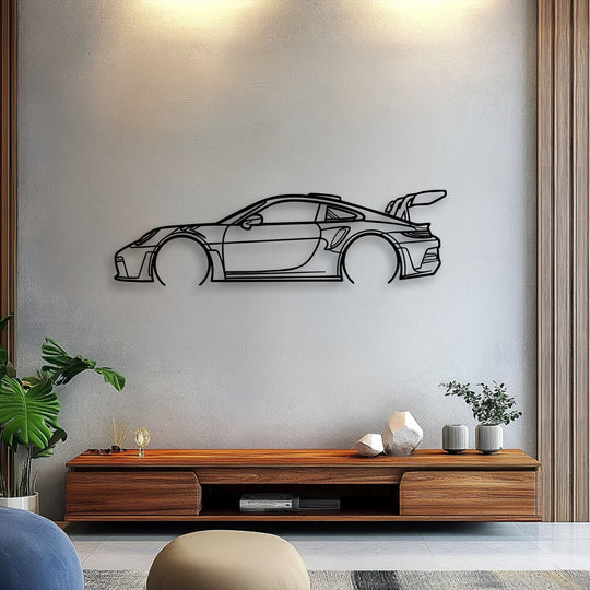 Defined by its clean edge, this unique metal wall art features a sport car outline, providing a minimalist, automotive-themed border for modern decor.