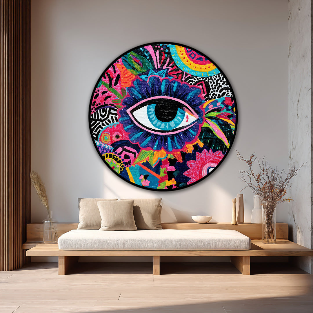 Vivid Mystic Eye – Colorful Abstract Round Oil Painting