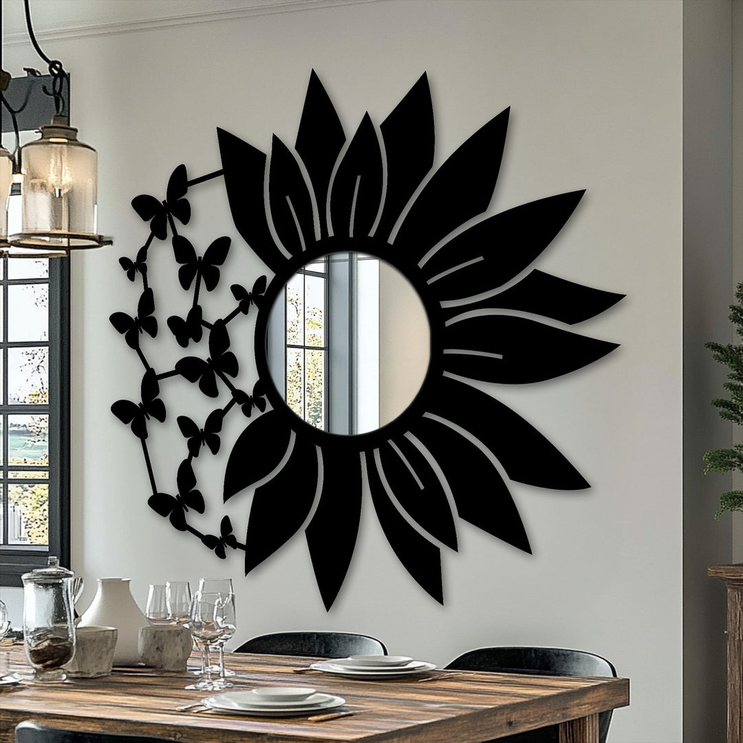 Dramatic butterfly bloom floor mirror, a captivating example of stained glass wall mirror design, featuring a floral metal frame in sleek black.