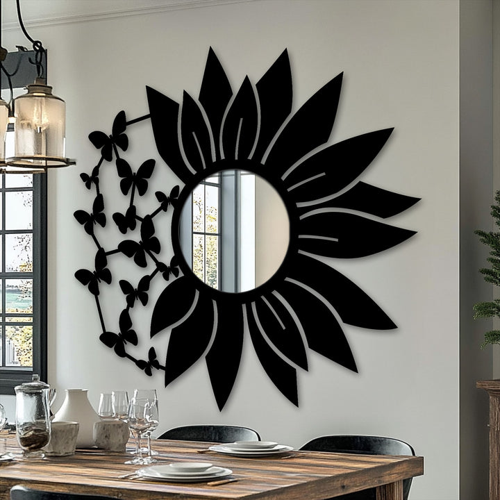 Dramatic butterfly bloom floor mirror, a captivating example of stained glass wall mirror design, featuring a floral metal frame in sleek black.
