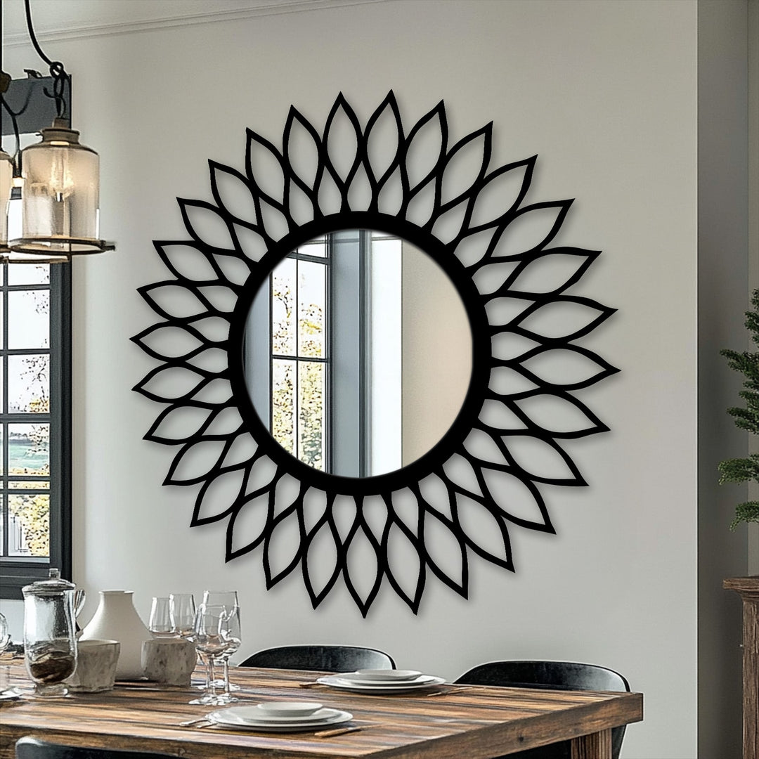 Layering effect showcases this radiant leaf halo modern mirror with a unique blend of reflective depth and decorative metal art elements, making it a striking focal point.