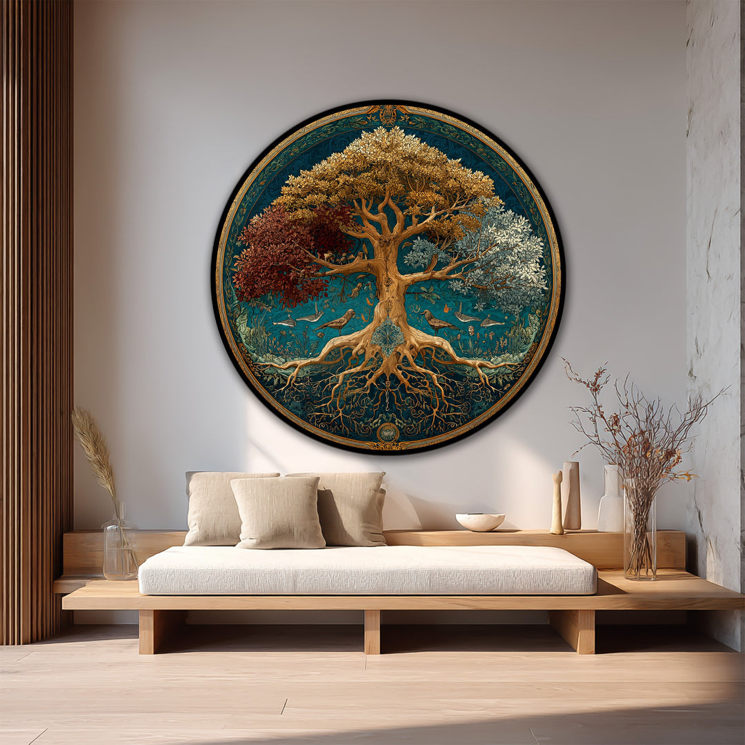 Featuring a dominant teal backdrop, the Tree of Seasons – Symbolic Round oil painting artwork on wood evokes a sense of nature's changing hues.