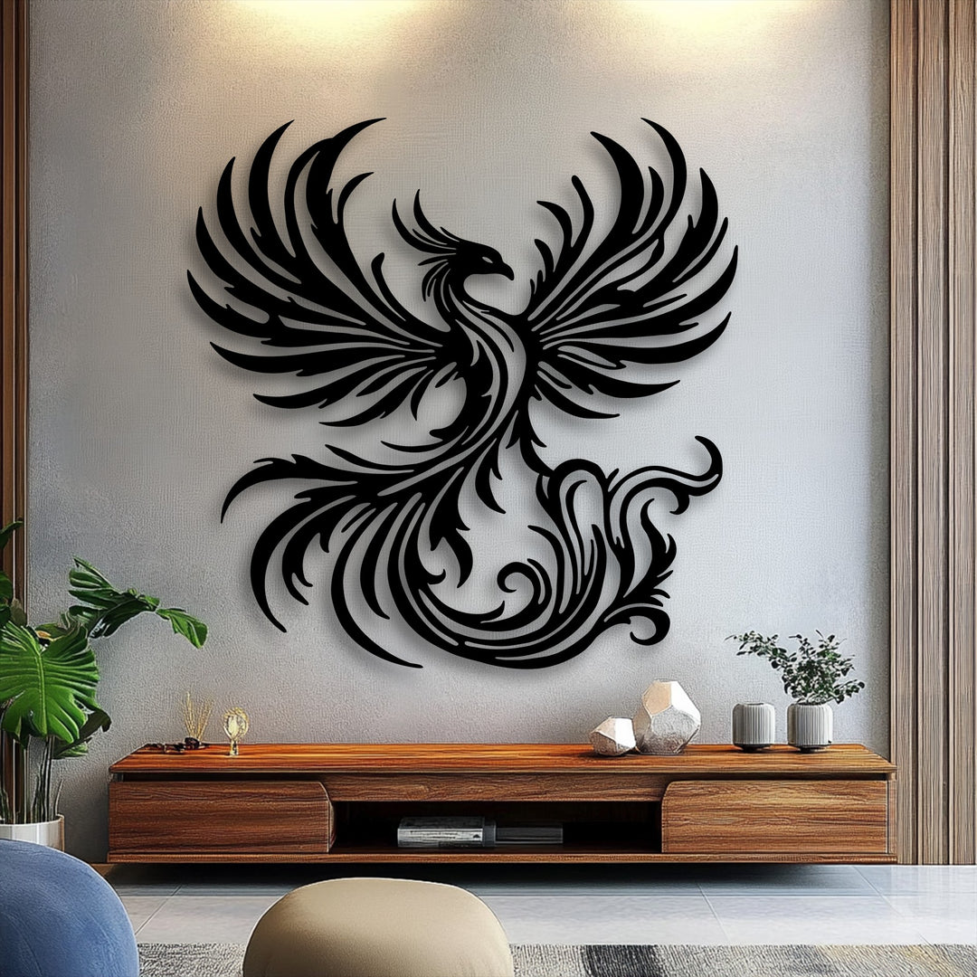 The gentle color transition from bright, warm light to soft grey on the wall perfectly frames the dramatic Phoenix Metal Wall Art decoration.