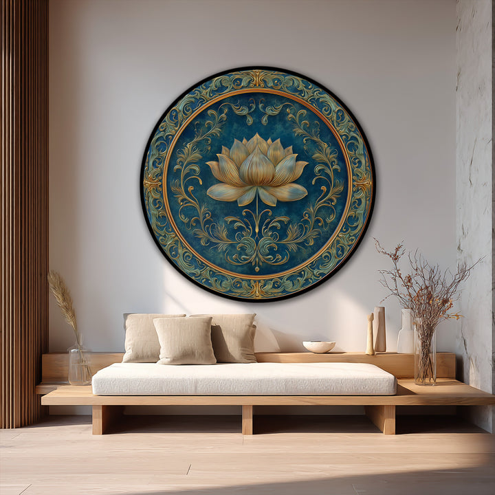 The organic forms of the central lotus blossom and the swirling floral details evoke a sense of natural elegance in this oil painting wall art.