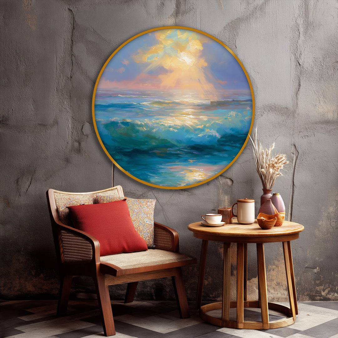 Round canvas print capturing the golden light's reflection on turquoise waves becomes the loudest element in this serene ocean sunrise big canvas prints wall art.