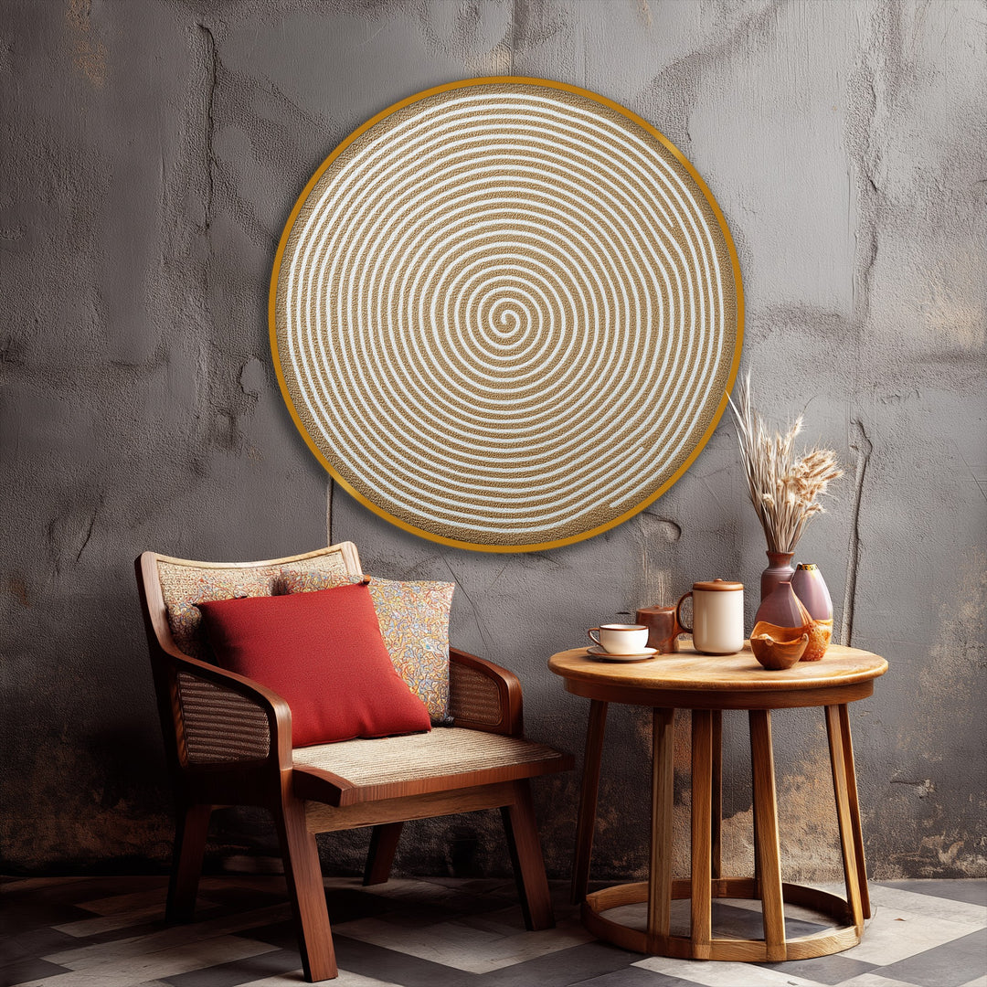 Foreground details draw attention to the golden spiral design of the round canvas, a unique canvas print adding minimalist, modern abstract art to any room.