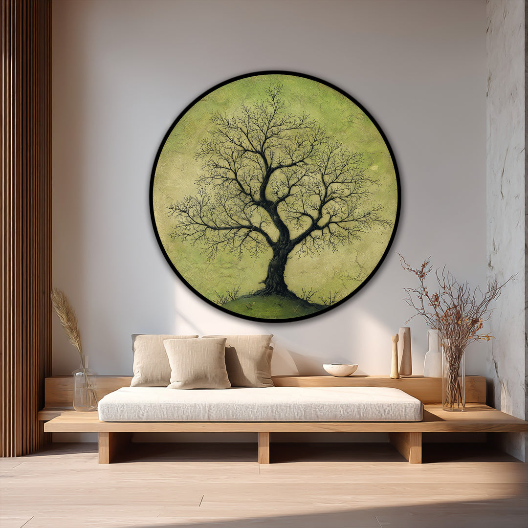 Detailed finish on the solitary tree round oil painting showcasing modern oil painting art, with branches rendered on a soft green ground.
