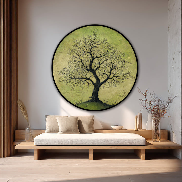 Detailed finish on the solitary tree round oil painting showcasing modern oil painting art, with branches rendered on a soft green ground.