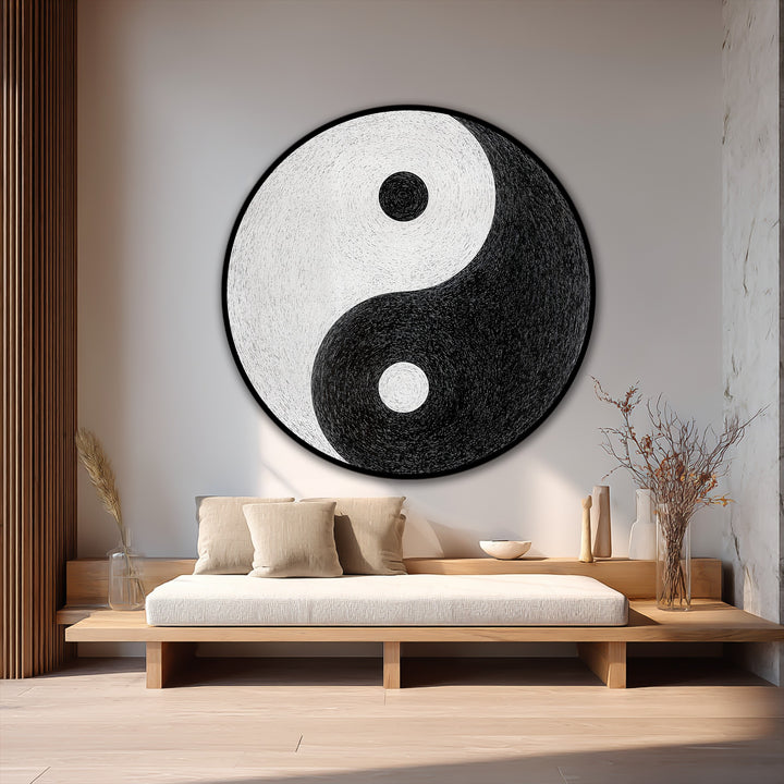The focal point is a beautifully rendered oil painting reproduction print of a round Yin Yang minimalist design, portraying eternal balance through contrasting black and white.