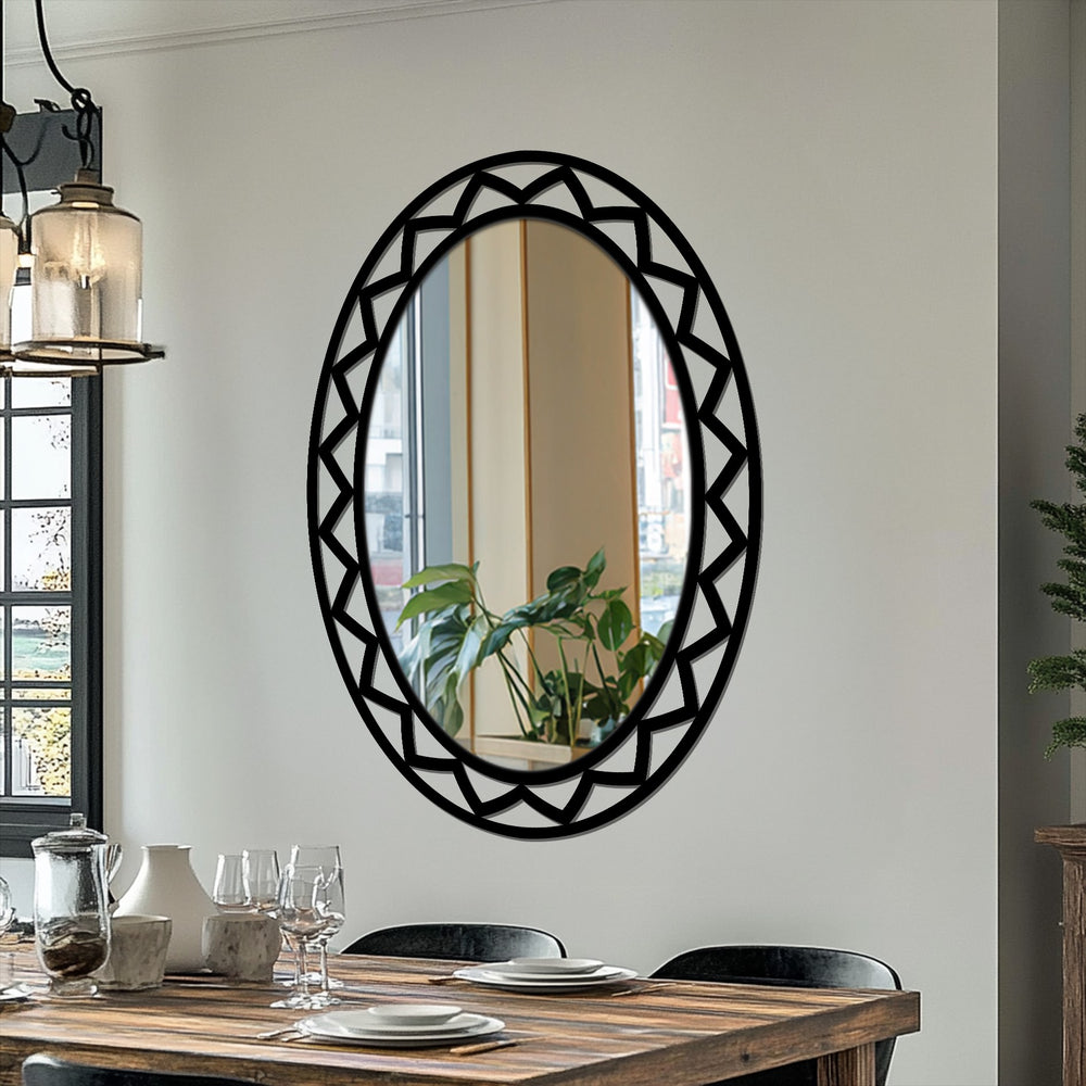 Black is the dominant color in this geometric oval floor mirror featuring a bold, contemporary decoration wall art frame.