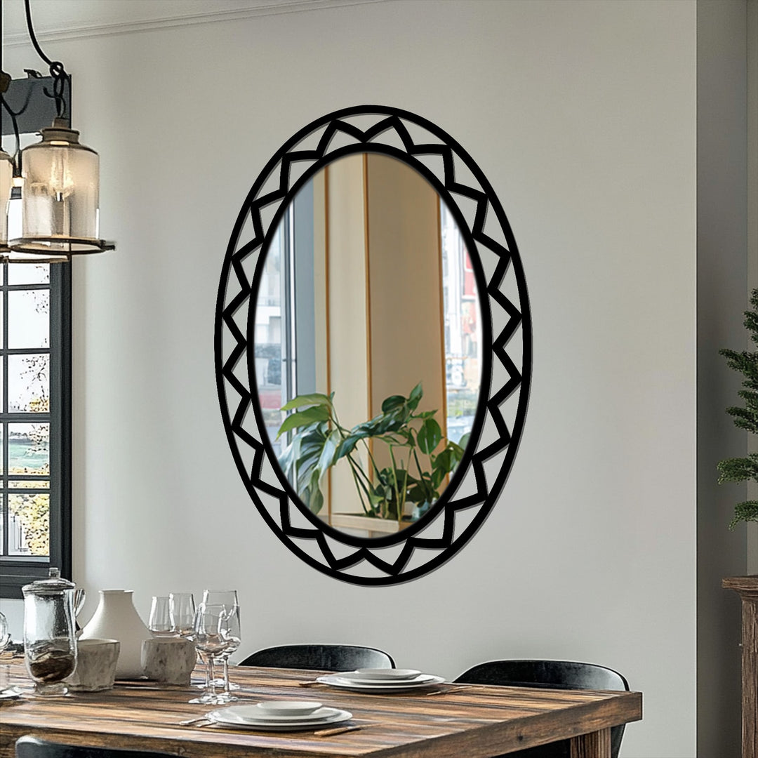 Black is the dominant color in this geometric oval floor mirror featuring a bold, contemporary decoration wall art frame.