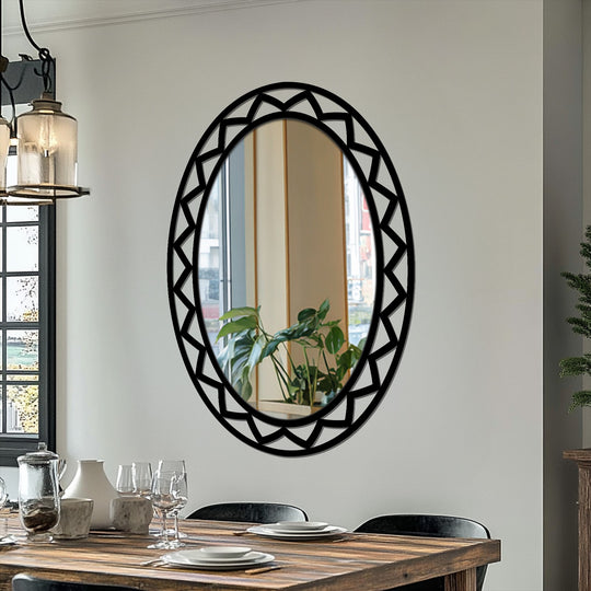Black is the dominant color in this geometric oval floor mirror featuring a bold, contemporary decoration wall art frame.