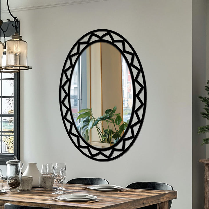 Black is the dominant color in this geometric oval floor mirror featuring a bold, contemporary decoration wall art frame.