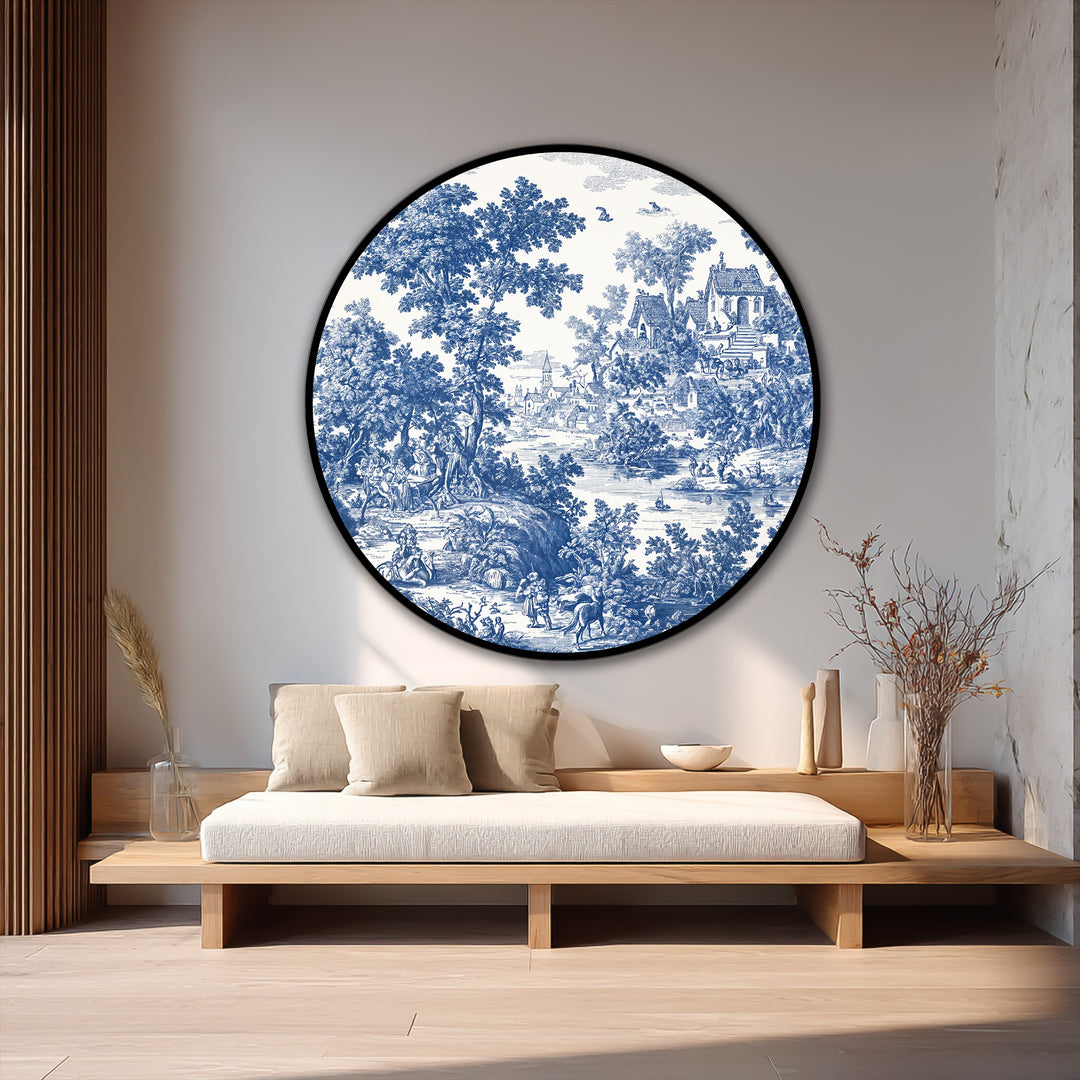 Featuring a pronounced layering effect, this round oil painting home decor shows a classic blue toile countryside scene with trees, water, and buildings.