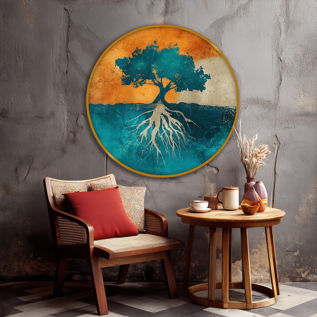 The realistic detail highlights the canvas wall decor of the Rooted Tree Silhouette round canvas print, showcasing intricate details of the abstract nature design.