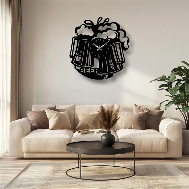 The focal point of this decorative metal art is a frothy beer mug metal wall clock with pub-style beverage design, a fun and stylish addition.