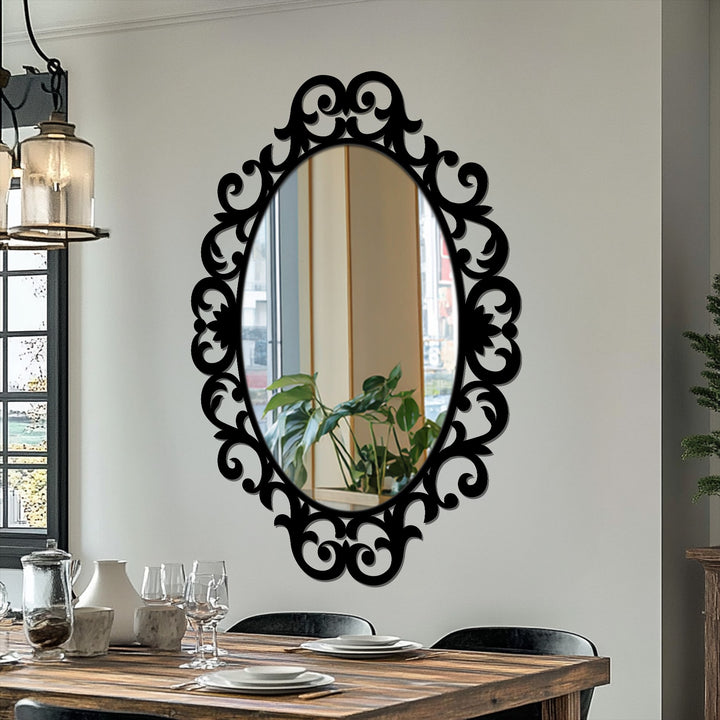 Expertly crafted scroll frame of the ornate oval floor mirror shows a focus on durable metal material that elevates this unique metal wall art piece.