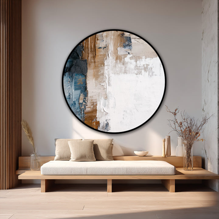 Horizontal round Earth & Horizon oil painting art prints feature a textured abstract design with earthy brown, cream, and blue tones.