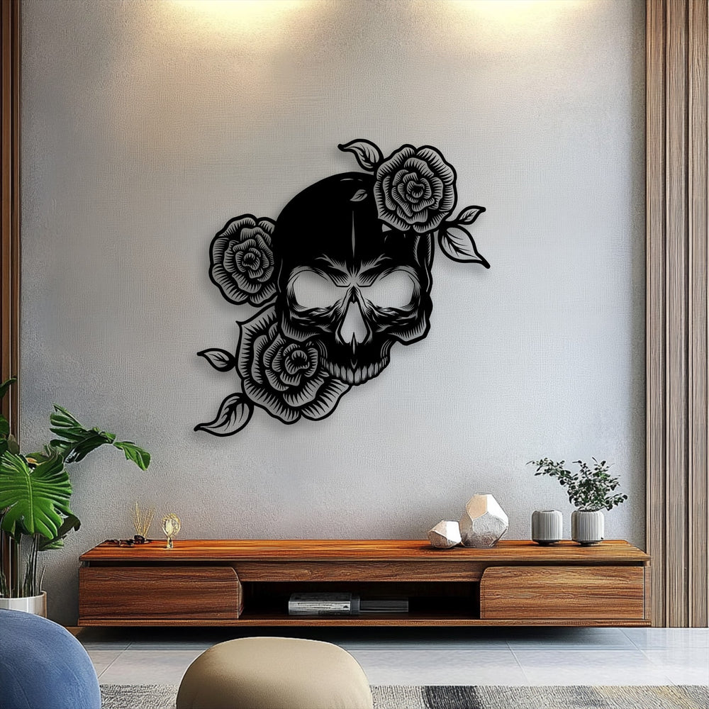 The subtle textured light grey wall, warmly lit, serves as a modern background for the gothic rose skull metal art for wall.