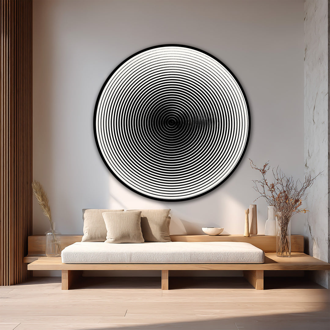 Black is the dominant color in this round wooden oil painting home decor, featuring concentric hypnotic lines in a minimalist style.