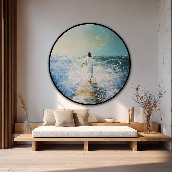 Exemplifying the abstract quality of a divine journey, this circular oil painting reproduction print captures the symbolism of walking on water with expressive brushstrokes and emotive color choices.
