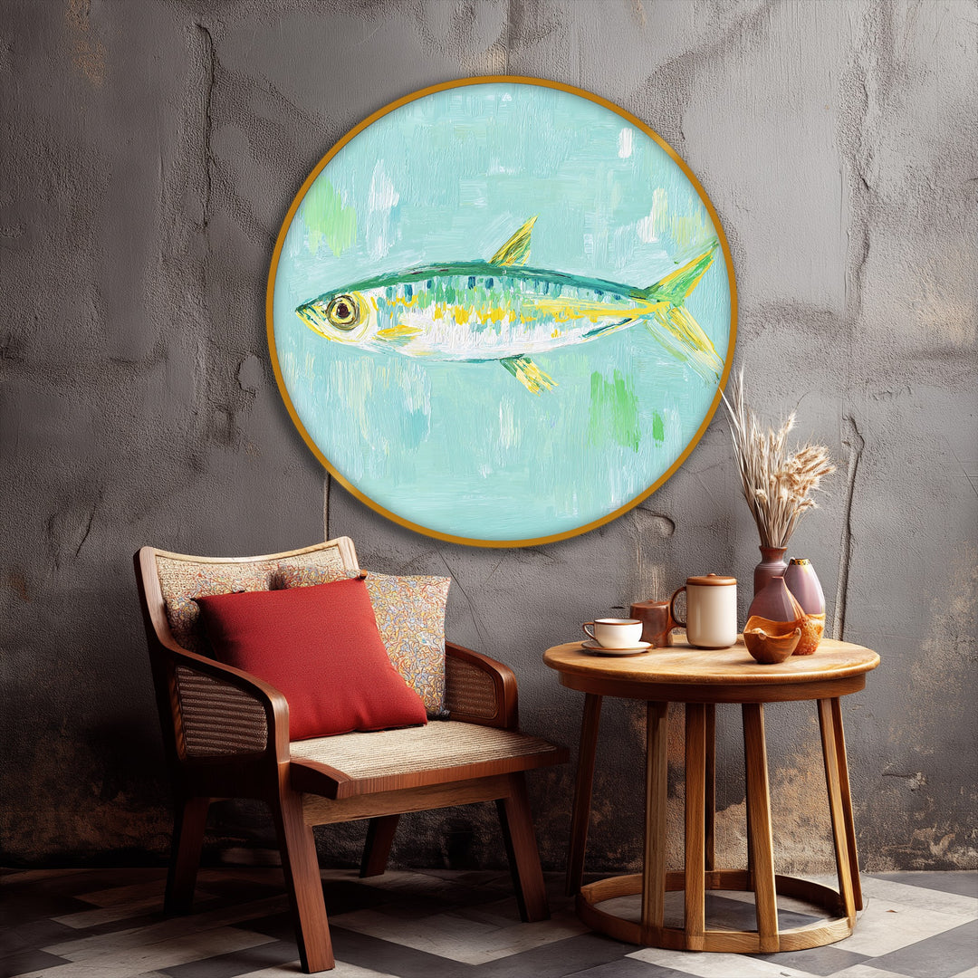 Light blue hues dominate this coastal minimal wall art, a round pastel fish painting canvas art print adding a serene touch to the room.