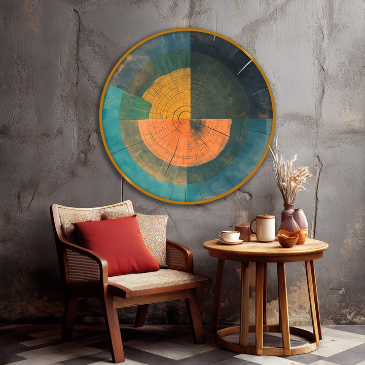 The round canvas print showcases the transition between the orange, yellow, teal, and navy sections as a vibrant, hanging canvas rustic wood art piece.