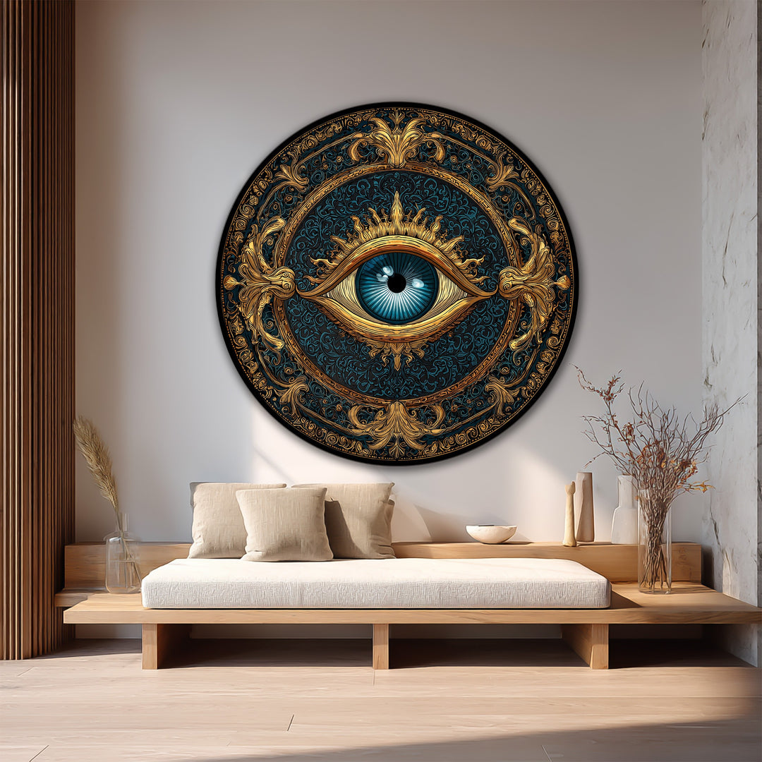 Round, ornate modern oil painting art depicting a celestial eye in gold and blue tones is displayed in a horizontal orientation.
