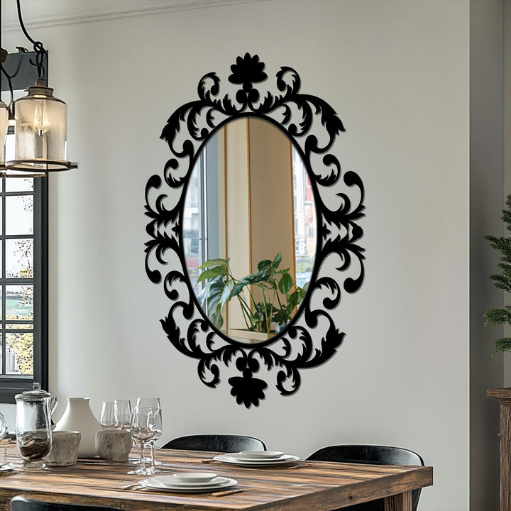 The stillness of the royal baroque scrollwork oval floor mirror presents a moment of decorative metal art reflecting the room's serene setting.
