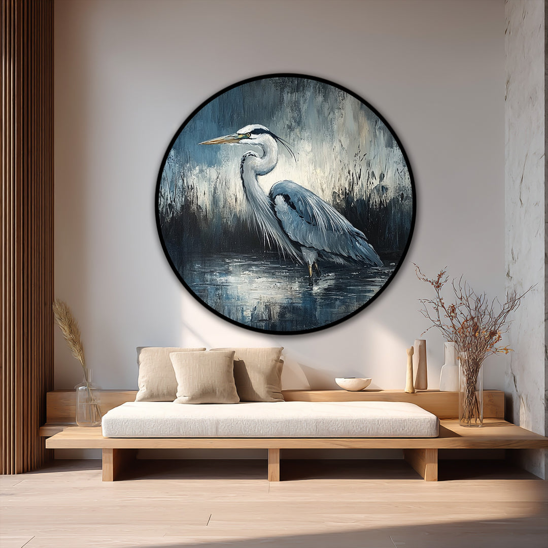 Silent Waters – Elegante garza redonda Cuadro al óleo