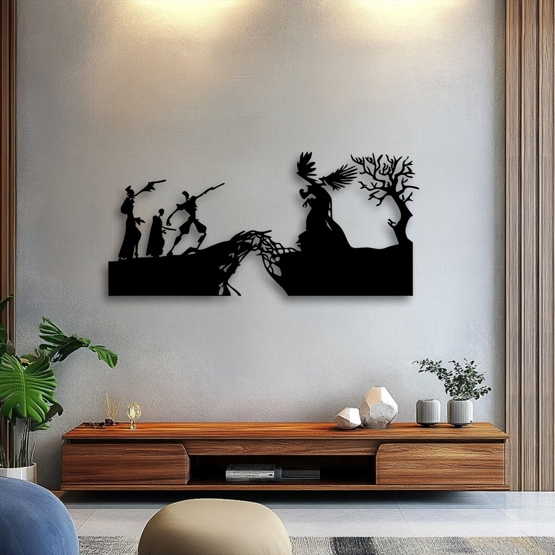 The brightly lit textured wall beautifully accentuates the dramatic silhouettes of the mythological creation metal wall decor.