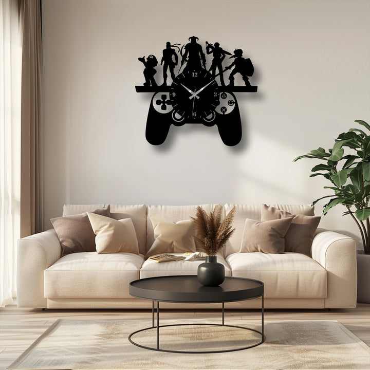The sleek matte finish enhances this decorative metal art of a gaming controller wall clock, featuring character silhouettes, perfect for gamer room decor.