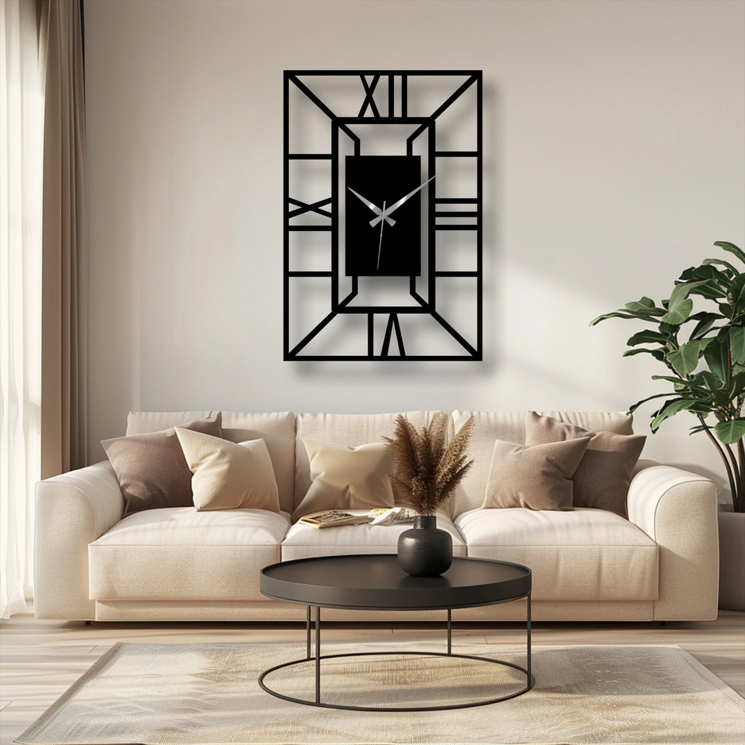 Black decoration wall art finish highlights the architectural frame of this geometric metal wall clock, a bold statement piece for modern home decor.
