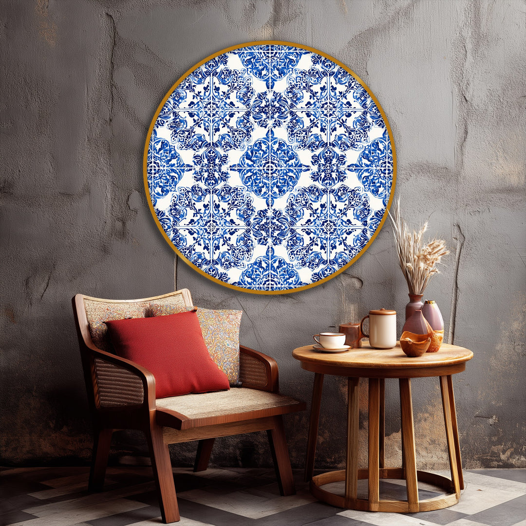 High color contrast highlights the elegant, round blue tile pattern canvas artwork, a classic ceramic style canvas print.