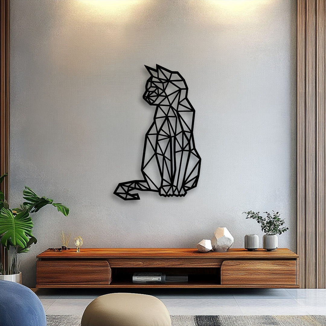 Geometric Sitting Cat – Modern Line Art Metal Wall Art