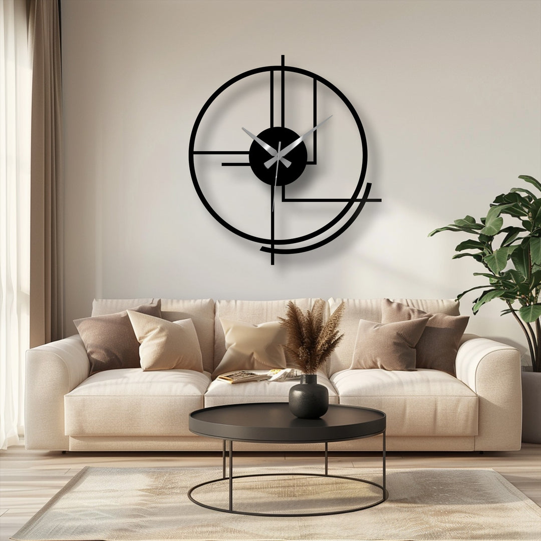 Illuminated by a window, the wall behind the modern circular metal wall clock suggests an ideal space for home decoration with abstract geometric lines.