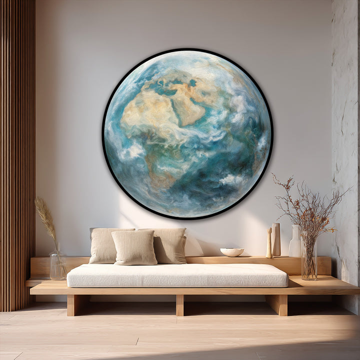 Encircling the Earth From Above oil painting, the clean edge and dark borders enhance the oil painting reproduction print's atmospheric globe design and circular composition.