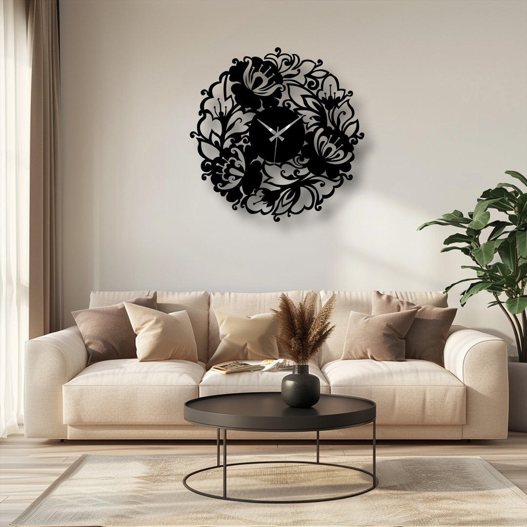 Repeating floral motifs create a captivating visual rhythm in this bloom garden metal wall clock, a piece of decorative metal art.