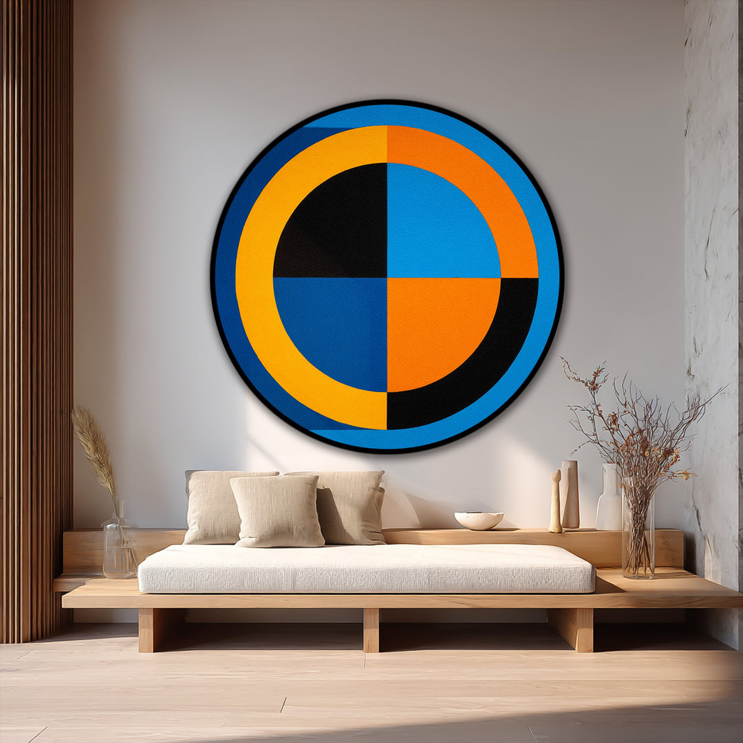 Highlighting the layering effect, the bold geometry in this modern abstract round oil painting wall art showcases overlapping blue, orange, and black shapes.
