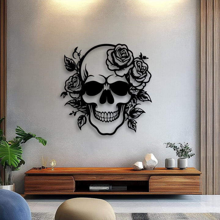 The grainy surface texture of the wall provides a subtle backdrop to the smooth, dark finish of the striking Floral Skull metal artwork.