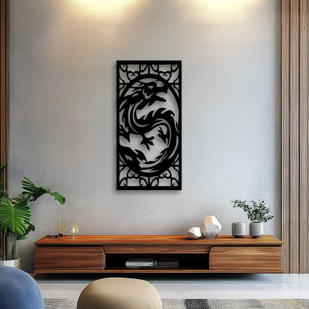 The intricate decorative borders and clean-cut edges of the vertical metal artwork panel perfectly frame the fierce dragon design.