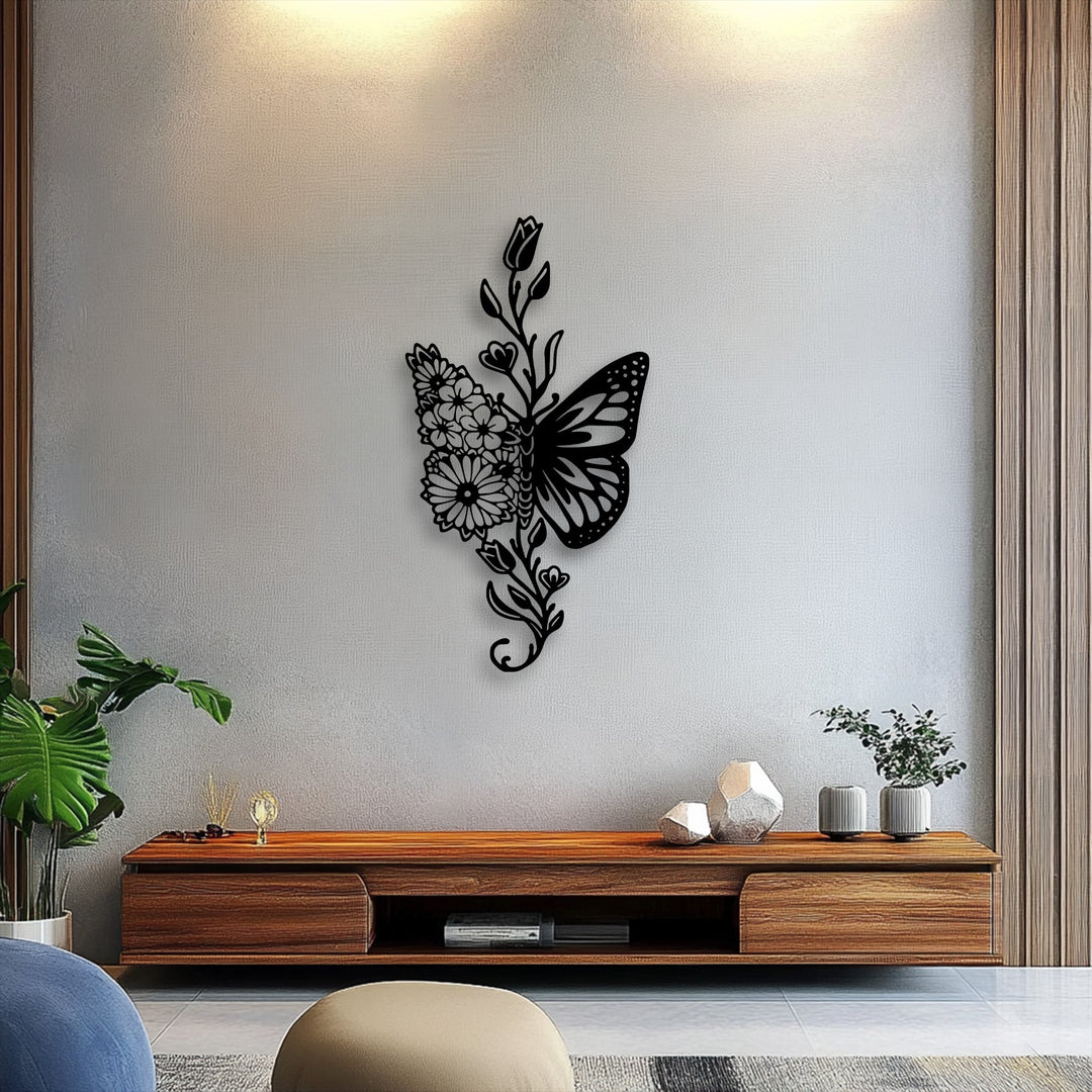 The darkest area reveals an intricate black floral butterfly fusion metal art for wall, showcasing an elegant nature design.