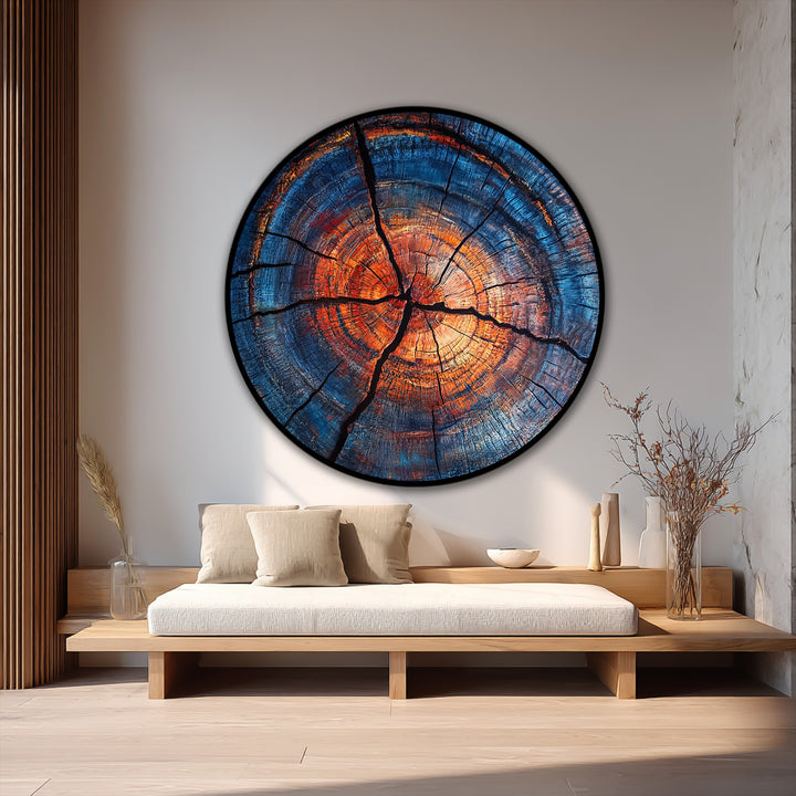 Subtle light and shadow interplay accentuate the textures of this Ember Core, round oil painting artwork featuring abstract wood rings in blue and fiery orange tones.
