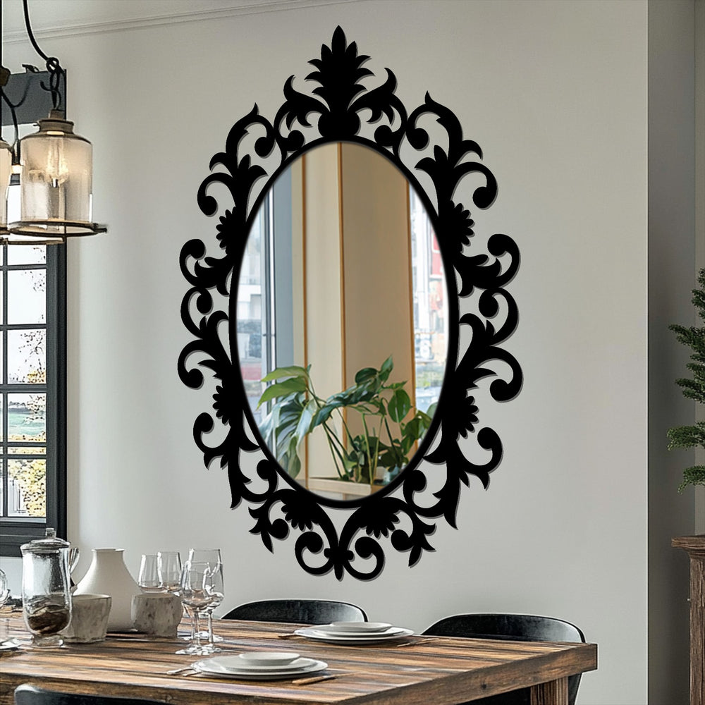 Highlighting the brightest area, the reflection in the Majestic Crowned Baroque oval mirror showcases modern wall mirrors and a glimpse of the outside view.