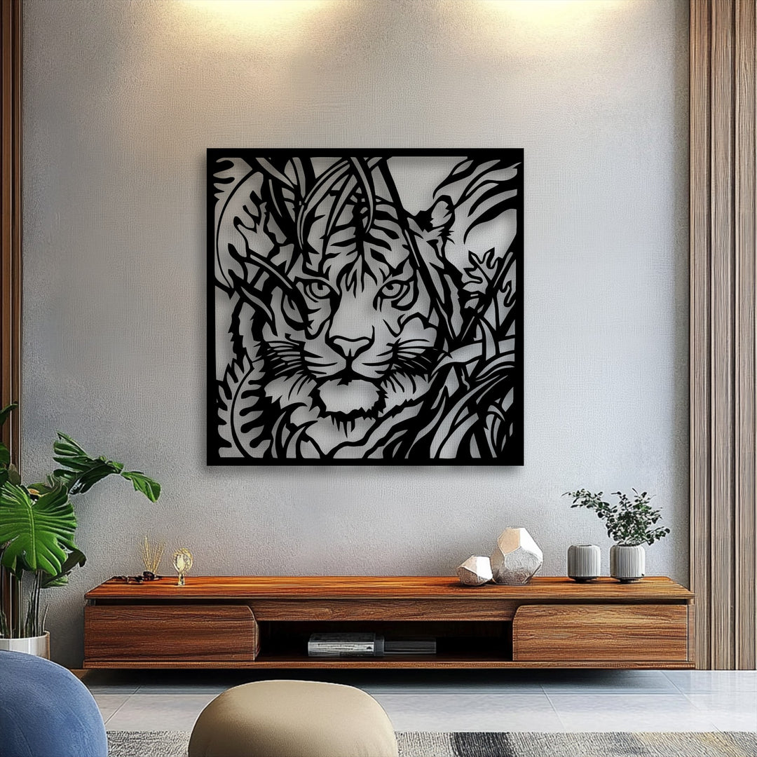 High color contrast highlights the intricate black tiger and jungle foliage of this eye-catching metal wall decor.