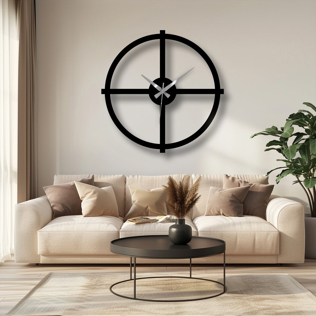 Horizontal round metal wall clock showcasing its minimalist cross shape and offering a piece of unique metal wall art for modern home décor.